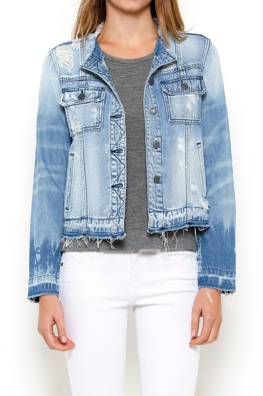Denim Collarless Frayed Jacket