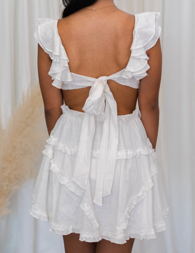 White Linen Ruffle Lace Dress