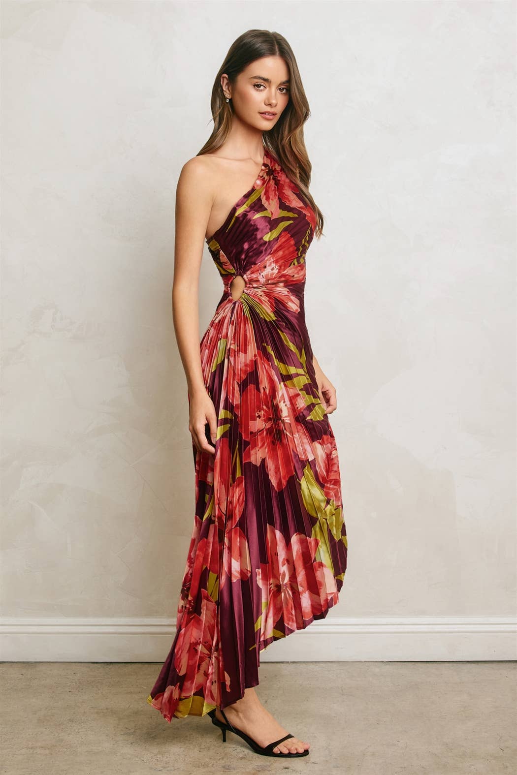 Floral One Shoulder Asymmetrical Pleated Dress