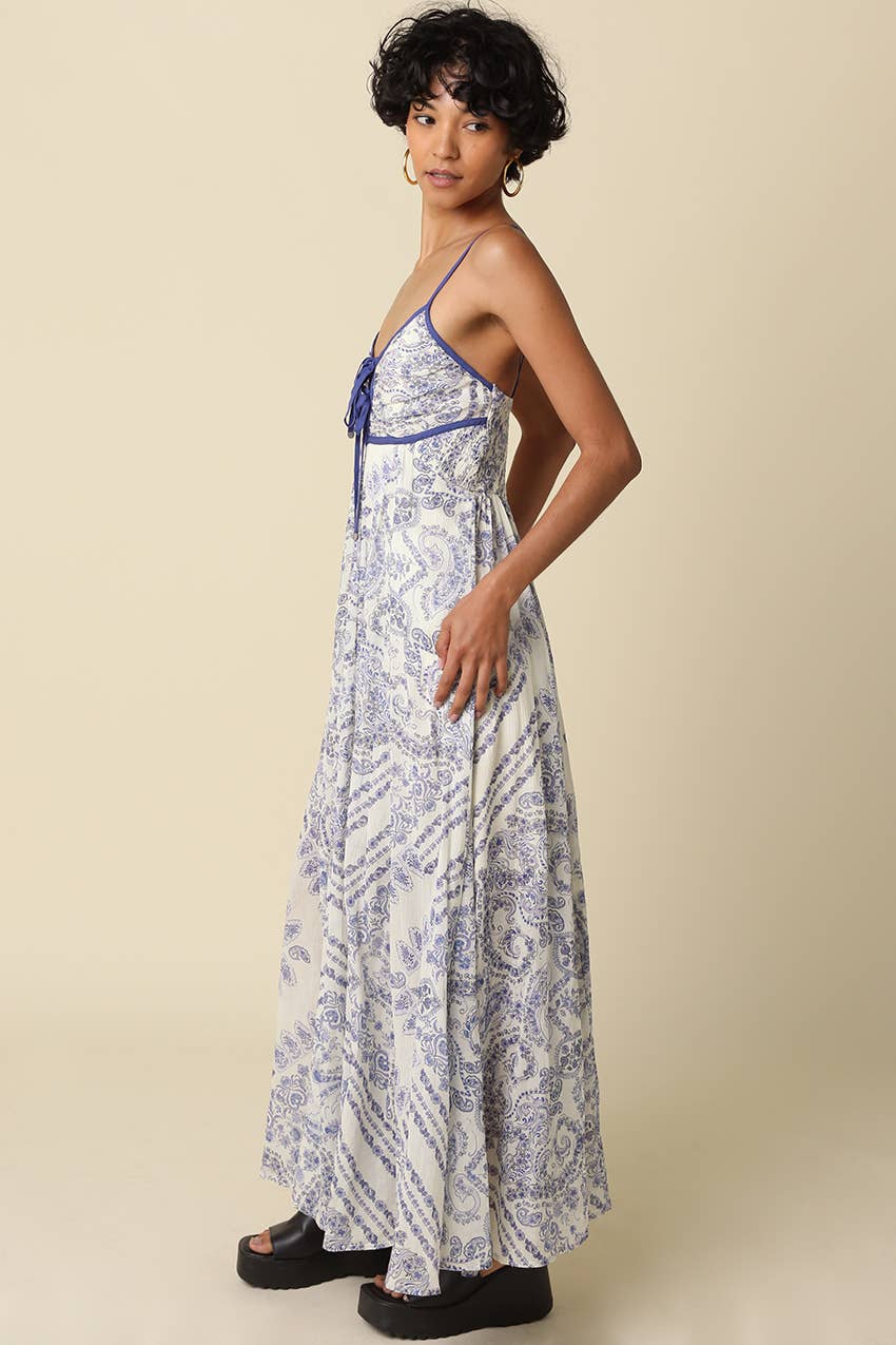 Brynn Blue Trim Printed Maxi Dress