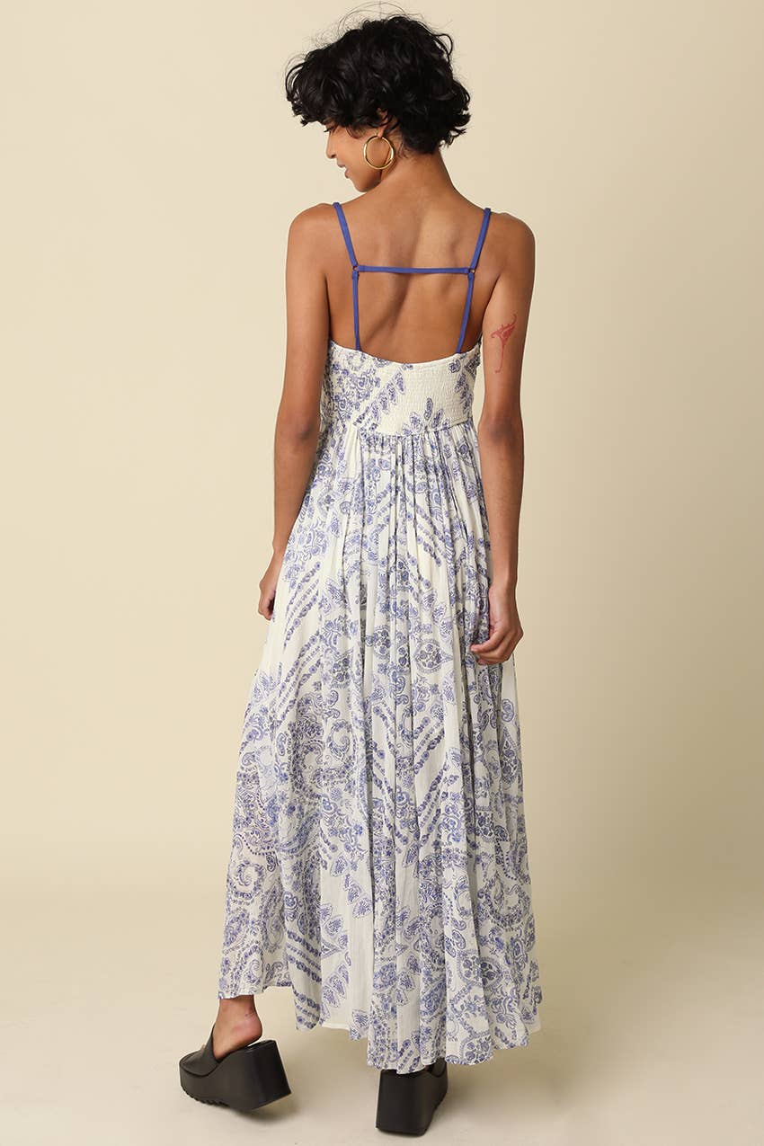 Brynn Blue Trim Printed Maxi Dress