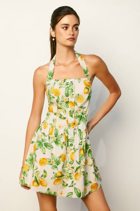 Lemon Fit And Flare Halter Mini Dress