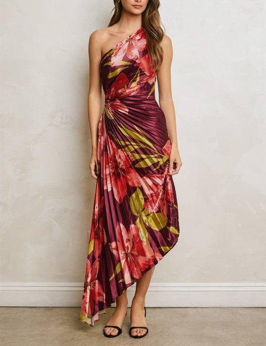 Floral One Shoulder Asymmetrical Pleated Dress