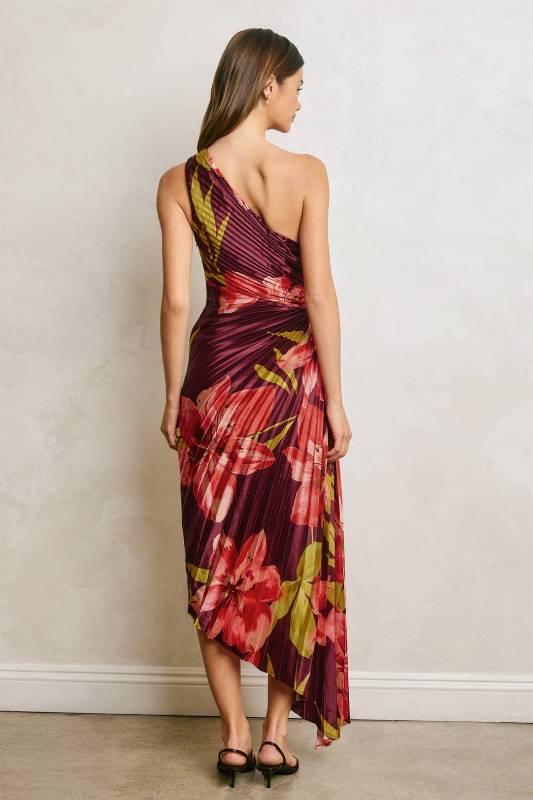 Floral One Shoulder Asymmetrical Pleated Dress