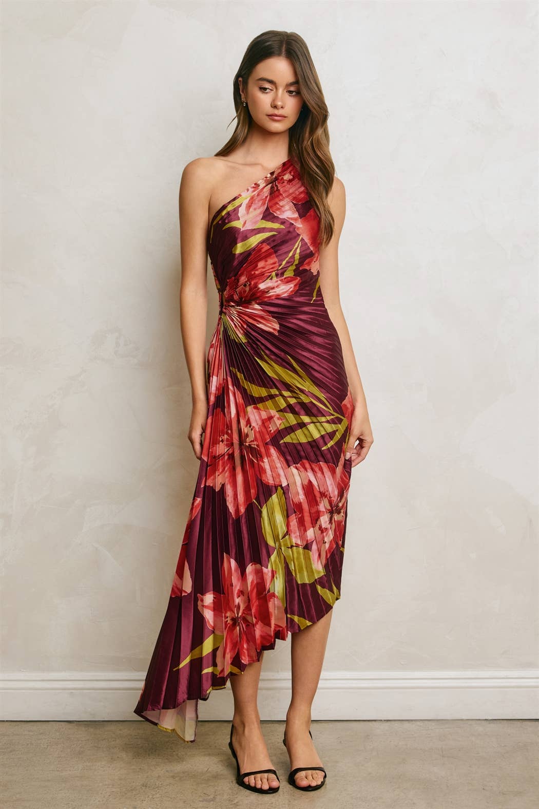 Floral One Shoulder Asymmetrical Pleated Dress