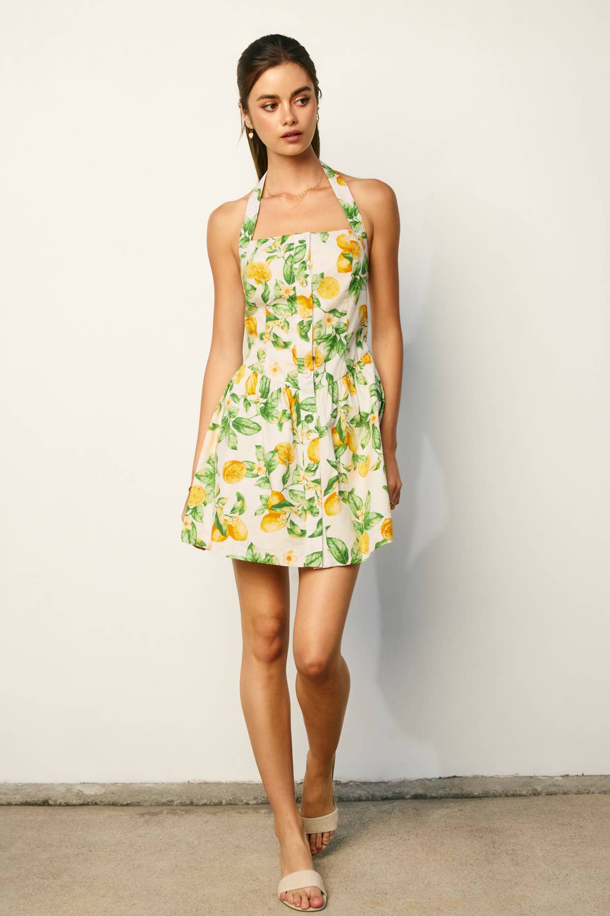 Lemon Fit And Flare Halter Mini Dress