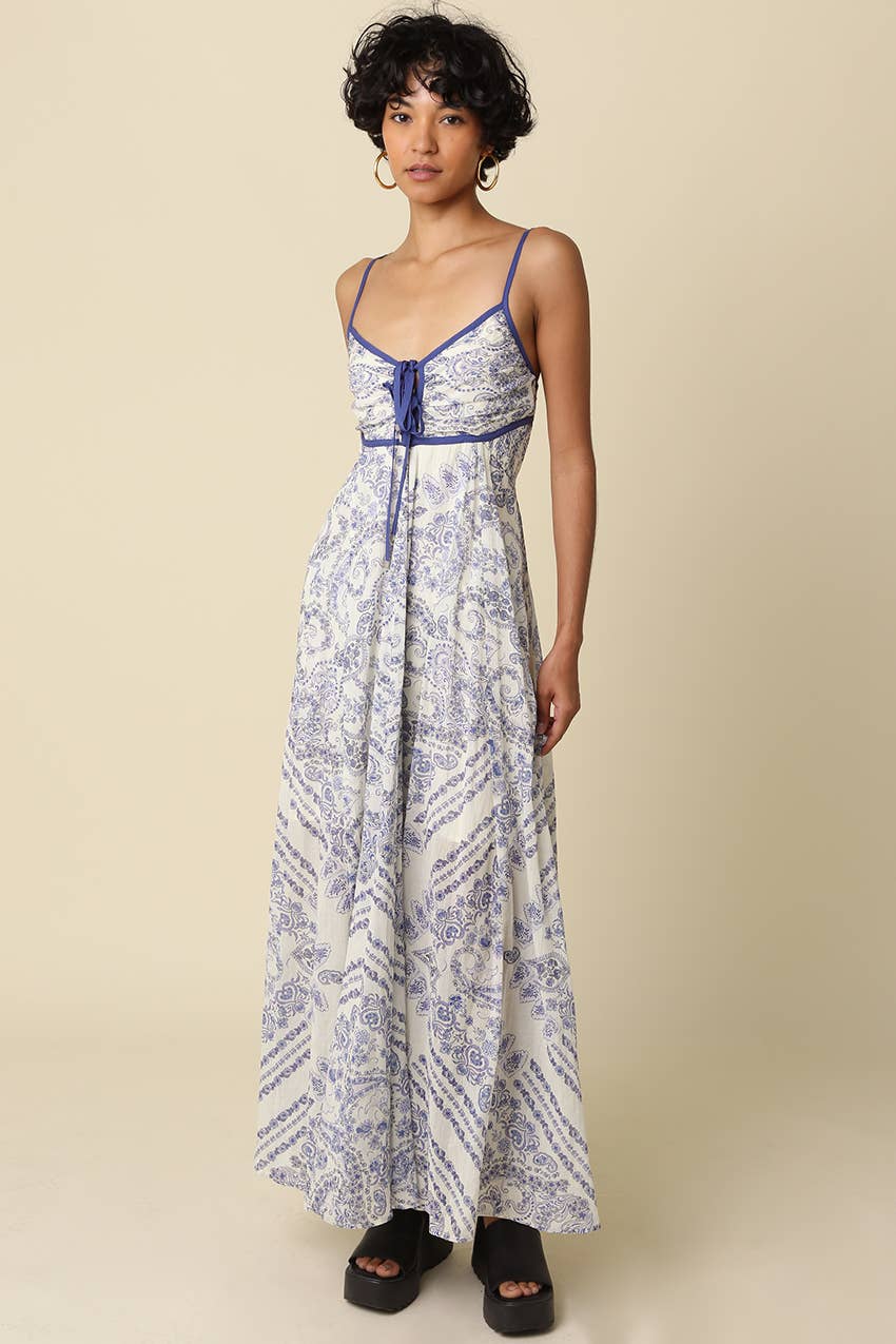 Brynn Blue Trim Printed Maxi Dress