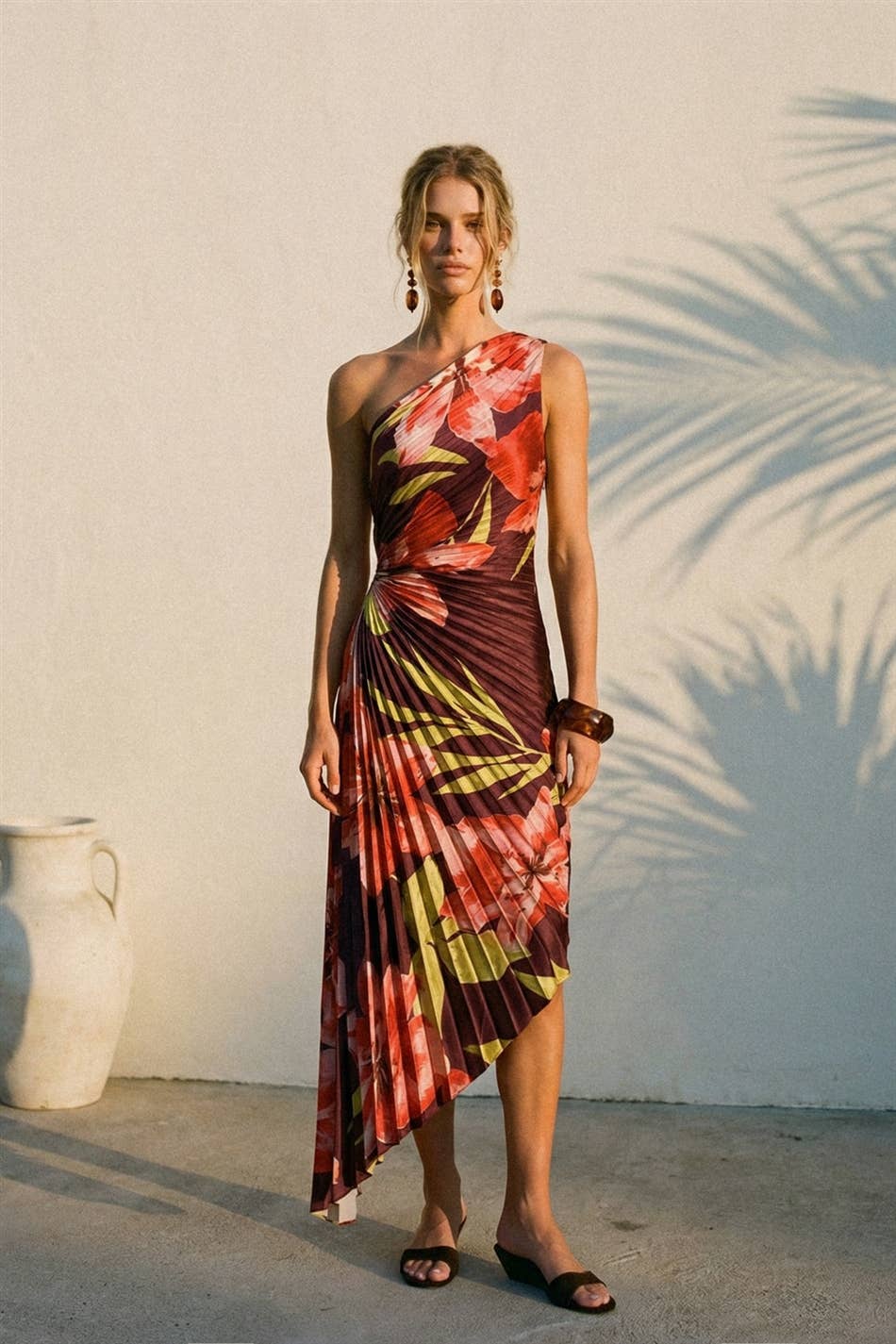 Floral One Shoulder Asymmetrical Pleated Dress