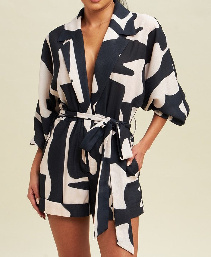 X Abstract Linen Playsuit