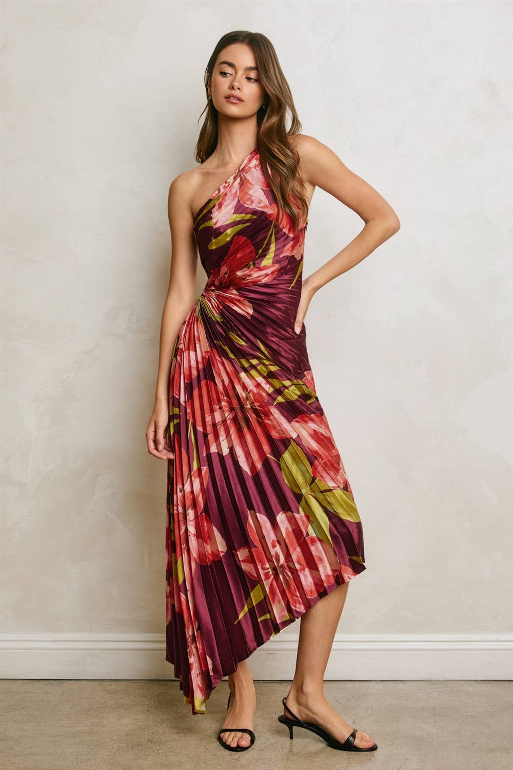 Floral One Shoulder Asymmetrical Pleated Dress