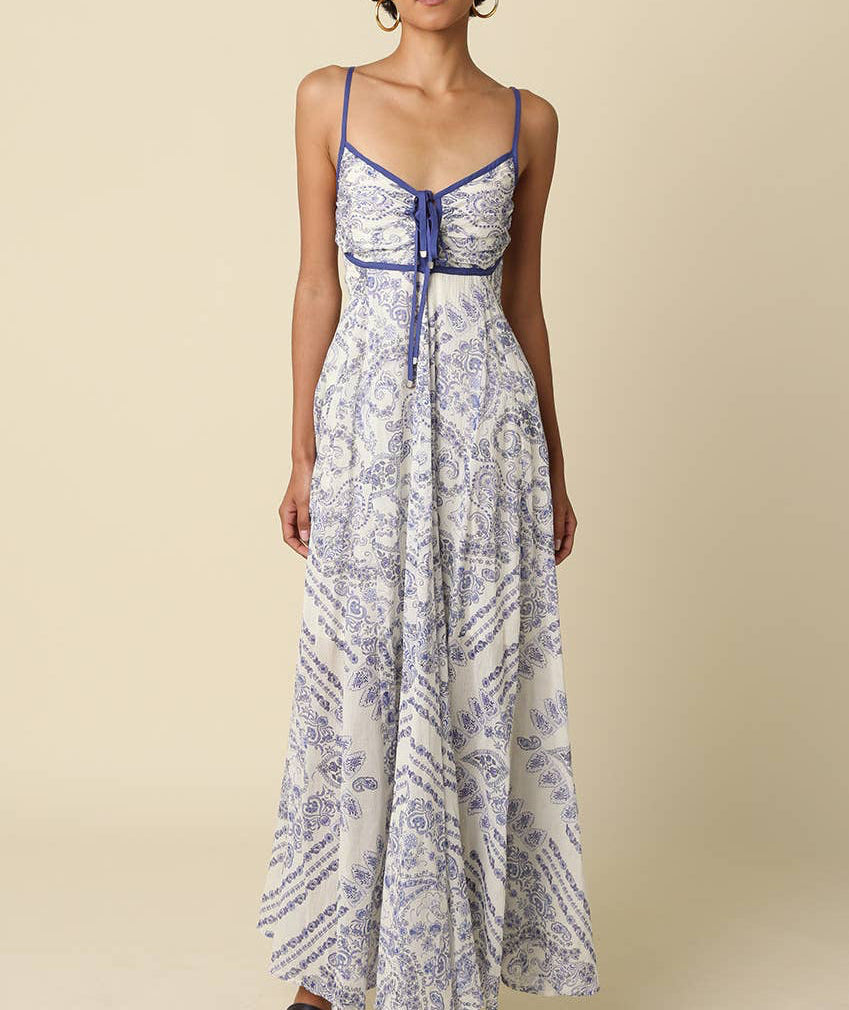 Brynn Blue Trim Printed Maxi Dress
