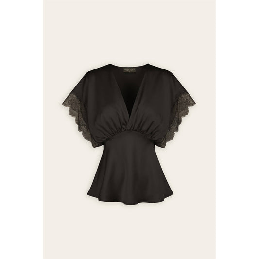 Satin Lace V Neck Blouson Top