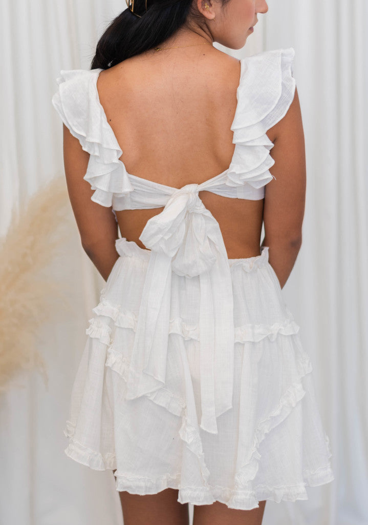 White Linen Ruffle Lace Dress